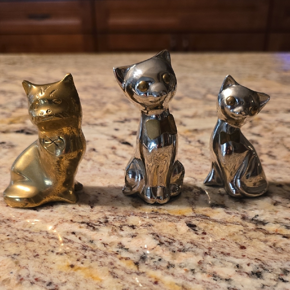 Set Of 3 Cat Figurines. Solid Brass And Silver Over Brass. Vintage.